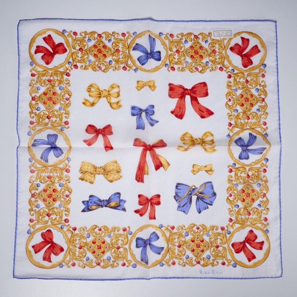 Vintage E. Braun & Co. Nina Ricci Scarf White Blue Gold Red Ribbon Cotton w/ Box